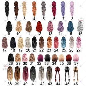 Peut inclure: Une collection de 46 illustrations de coiffures vari&eacute;es, chacune num&eacute;rot&eacute;e. Les coiffures comprennent des styles longs, ondul&eacute;s et tress&eacute;s dans une vari&eacute;t&eacute; de couleurs, du noir et brun au blond, rouge et violet.