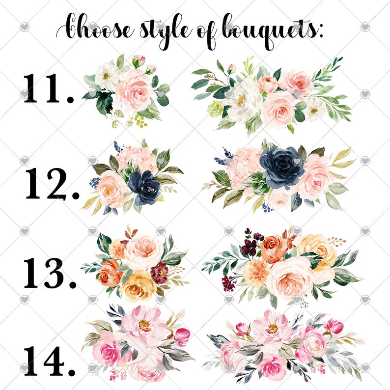 May include: Four watercolour floral bouquet designs, numbered 11 through 14. Each bouquet features a different colour palette and floral arrangement.  The bouquets are arranged in a grid pattern.