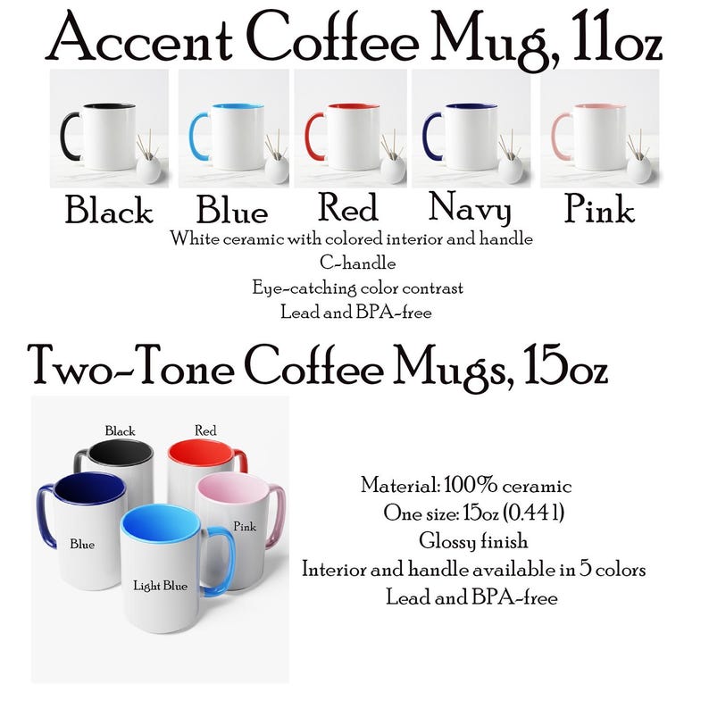 Pu&ograve; includere: Immagine di tazze da caff&egrave; in ceramica bianca con interni e manici colorati. L'immagine mostra tazze accent (11 once) e bicolore (15 once) in vari colori: nero, blu, rosso, blu navy, rosa e azzurro. Le tazze hanno una finitura lucida e sono prive di piombo e BPA.