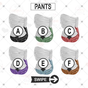 Puede incluir: Seis pares de pantalones de diferentes colores, incluyendo negro, verde, rojo, morado, azul y marr&oacute;n. Los pantalones se muestran sobre un fondo blanco con las letras A a F en c&iacute;rculos sobre cada par de pantalones. El texto "PANTS" est&aacute; en la parte superior de la imagen y "SWIPE" con una flecha hacia la derecha est&aacute; en la parte inferior.