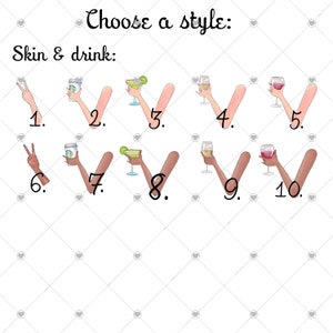 May include: Ten different illustrations of arms holding various drinks, including coffee, margaritas, wine, and a glass of red wine. Each illustration is numbered 1 through 10.