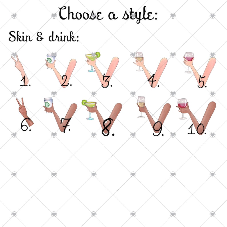 May include: Ten different illustrations of arms holding various drinks, including coffee, margaritas, wine, and a glass of red wine. Each illustration is numbered 1 through 10.