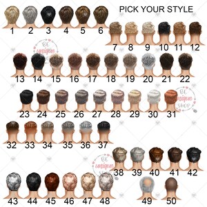 Peut inclure: Une illustration pr&eacute;sentant 50 coiffures diff&eacute;rentes, num&eacute;rot&eacute;es et dispos&eacute;es en rang&eacute;es. Le texte "PICK YOUR STYLE" est en haut. Les coiffures varient en couleur et en style, allant de court &agrave; long, et de clair &agrave; fonc&eacute;.