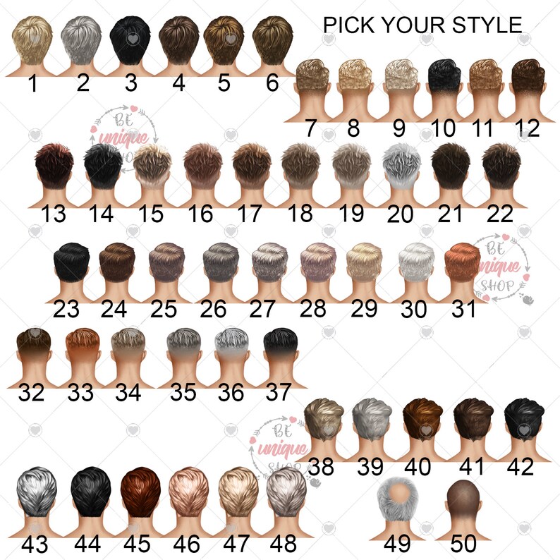 Peut inclure: Une illustration pr&eacute;sentant 50 coiffures diff&eacute;rentes, num&eacute;rot&eacute;es et dispos&eacute;es en rang&eacute;es. Le texte "PICK YOUR STYLE" est en haut. Les coiffures varient en couleur et en style, allant de court &agrave; long, et de clair &agrave; fonc&eacute;.