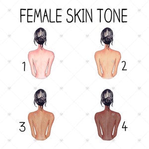 May include: Illustration showing four female figures with varying skin tones, numbered 1 through 4. The figures are depicted from the back, with their hair styled in a bun. The text "FEMALE SKIN TONE" is displayed above the figures.