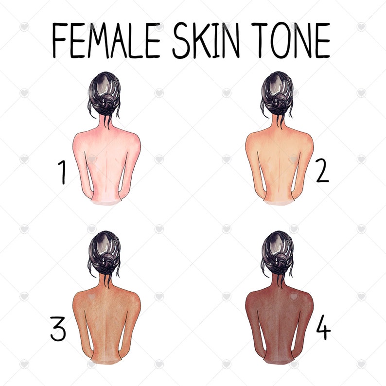 May include: Illustration showing four female figures with varying skin tones, numbered 1 through 4. The figures are depicted from the back, with their hair styled in a bun. The text "FEMALE SKIN TONE" is displayed above the figures.