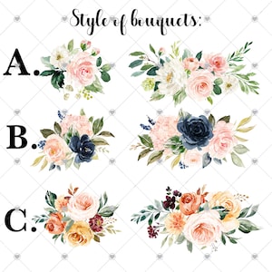 May include: Three different styles of floral bouquets. Bouquet A features pink and white flowers. Bouquet B features pink, blue, and white flowers. Bouquet C features orange, yellow, pink, and burgundy flowers.