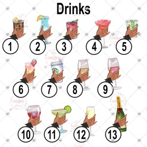 May include: An illustration featuring various drinks, including cocktails, coffee, and champagne, each held by a hand. The word "Drinks" is at the top. The drinks are numbered 1 through 13.