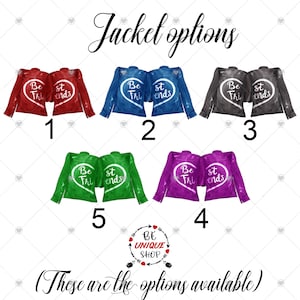 May include: Five different color options for a pair of denim jackets with the text "Best Friends" on the back. The jackets are in red, blue, gray, green, and purple.