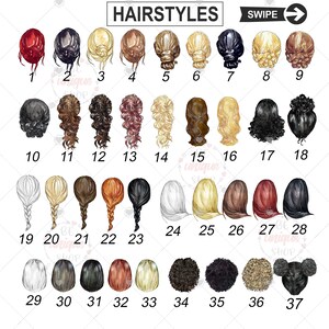 May include: A chart of 37 different hairstyles for women. The hairstyles are numbered 1 through 37. The hairstyles are drawn in a watercolor style.