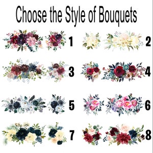 May include: Eight different styles of floral bouquets, numbered 1 through 8. Each bouquet features a mix of burgundy, white, and blue flowers.