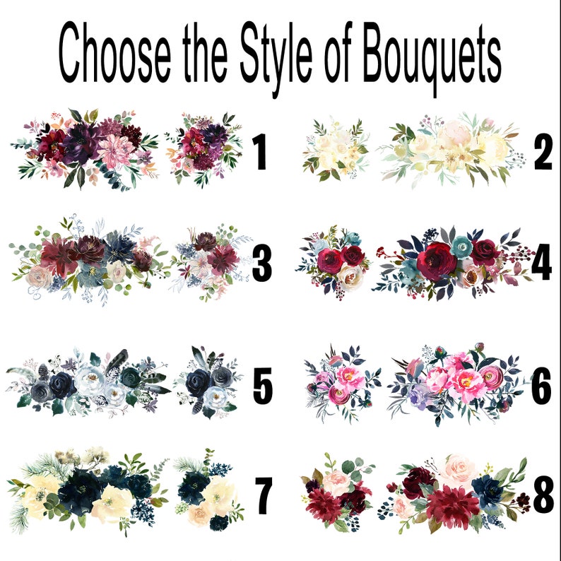 May include: Eight different styles of floral bouquets, numbered 1 through 8. Each bouquet features a mix of burgundy, white, and blue flowers.