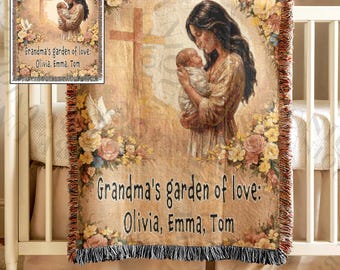 Custom Christian Grandma Woven Blanket, Personalized Names, Jesus Faith Throw