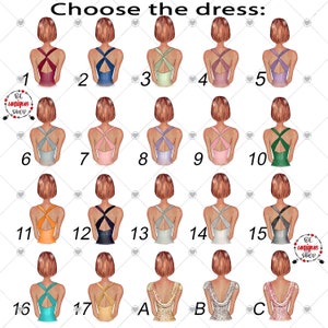 May include: An illustration with the text "Choose the dress:" above 20 different dress designs. The dresses are in various colors, including red, blue, green, purple, orange, black, and gold. The image also includes the logo for "Be Unique Shop."