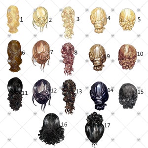 May include: Watercolor illustrations of various hairstyles, including blonde, brown, and black hair. The collection features styles such as braids, buns, and flowing locks, each numbered for reference. The background is a white, diamond-patterned design.