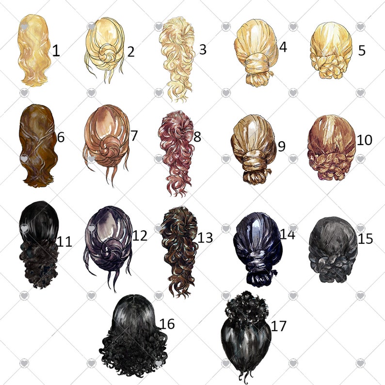 May include: Watercolor illustrations of various hairstyles, including blonde, brown, and black hair. The collection features styles such as braids, buns, and flowing locks, each numbered for reference. The background is a white, diamond-patterned design.