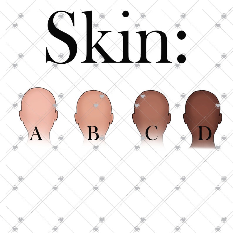 May include: Illustration featuring four stylized head profiles labeled A, B, C, and D, each representing a different skin tone. The word "Skin:" is written in a bold, black font above the heads. The background has a repeating pattern of small hearts.