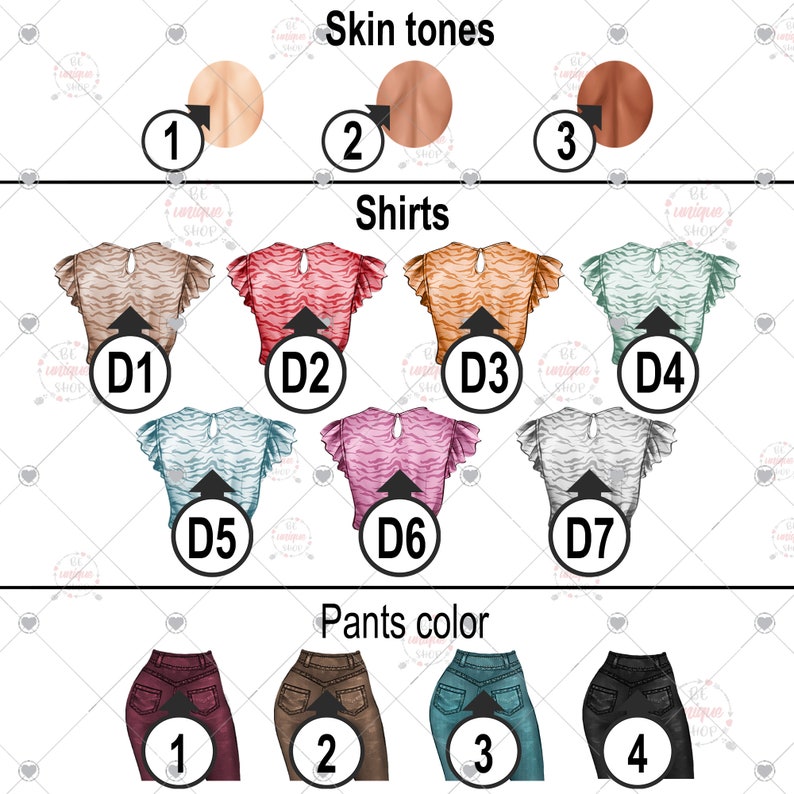 May include: A graphic featuring options for skin tones, shirts, and pants. Skin tones include light, medium, and dark. Shirts are various colors with a zebra stripe pattern. Pants are burgundy, brown, teal, and black.