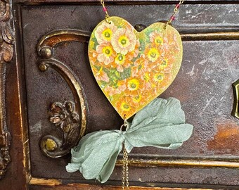 Vintage Tin Flowered Heart Necklace