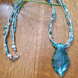 Blue and green Dichroic pendant 3 strand necklace