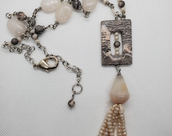 Rose Quartz and Pink Zebra Jasper Beaded Tassel Necklace