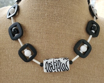 Black Jasper and White Howlite with Black and White Glass Focal Necklace