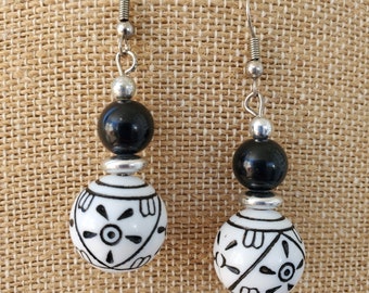 White and Black Vintage Bead and Black Glass Bead Drop Earrings in Silver