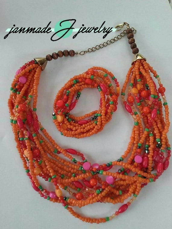 Festive Multi-strand Beaded Necklace and Bracelet 