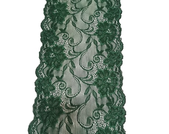 Hunter green Stretch Lace for Lingerie dark green wedding green lace trim 7 inches wide, soft, satin shimmer
