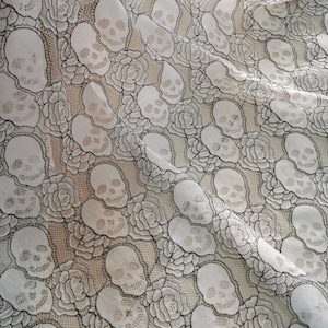 Skull and Roses with black outline  lace Fabric Skulls Halloween fabric by the yard