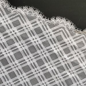 May include: White lace fabric with a square pattern. The lace has a scalloped edge.