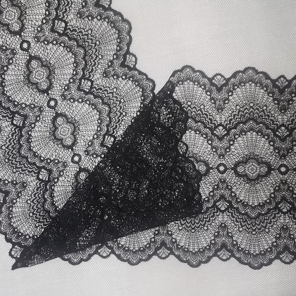 9" wide Black Stretch Lace Trim  wide stretch lace trim by the yard or wholesale