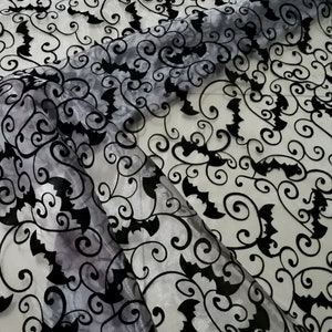 Black Bat Flocking Gray Organza Fabric - Halloween Flying Bats Fabric by the Yard