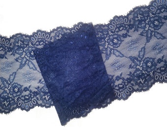 Navy blue floral stretch Lace Trim  8" wide by the yard