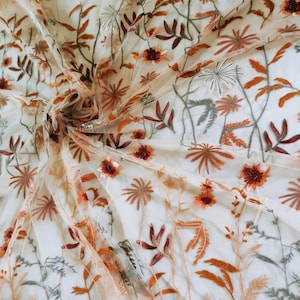 3 colors Fall Theme Embroidered Flower Mesh Fabric Harvest Burning Orange Autumn Lace Soft Mesh Wedding Veil Mesh wedding 51&quot;/130cm Wide
