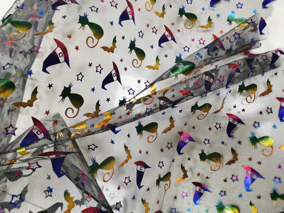 Halloween Bats Fabric: Colorful Foiled Mesh with Witch Hat Cat Ghost