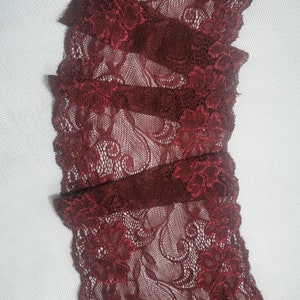 Wine Red Strechy Lace Trim 6" Wide for costume crafting supplies by the yard