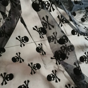 Black Skull flocking on black organza dem bone fabric Halloween fabric by the yards or wholesale
