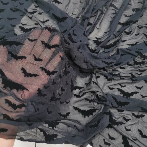 Four way Stretch Mesh fabric with bats black bat print fabric for Halloween  flying bats mesh fabric