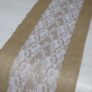 Burlap table runner with 7" wide white lace  burlap lace runner Burlap Wedding  white wedding