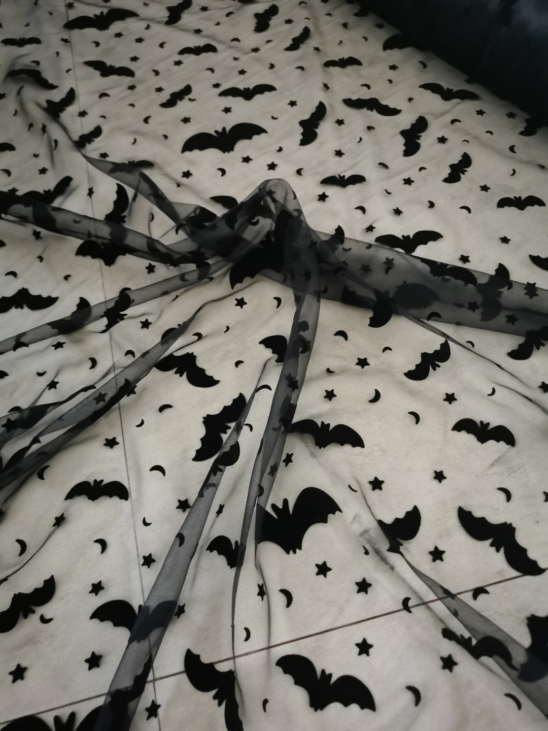 Tull fabric with bats pink bat flocking on tull fabric for Halloween  flying bats mesh fabric by the yard