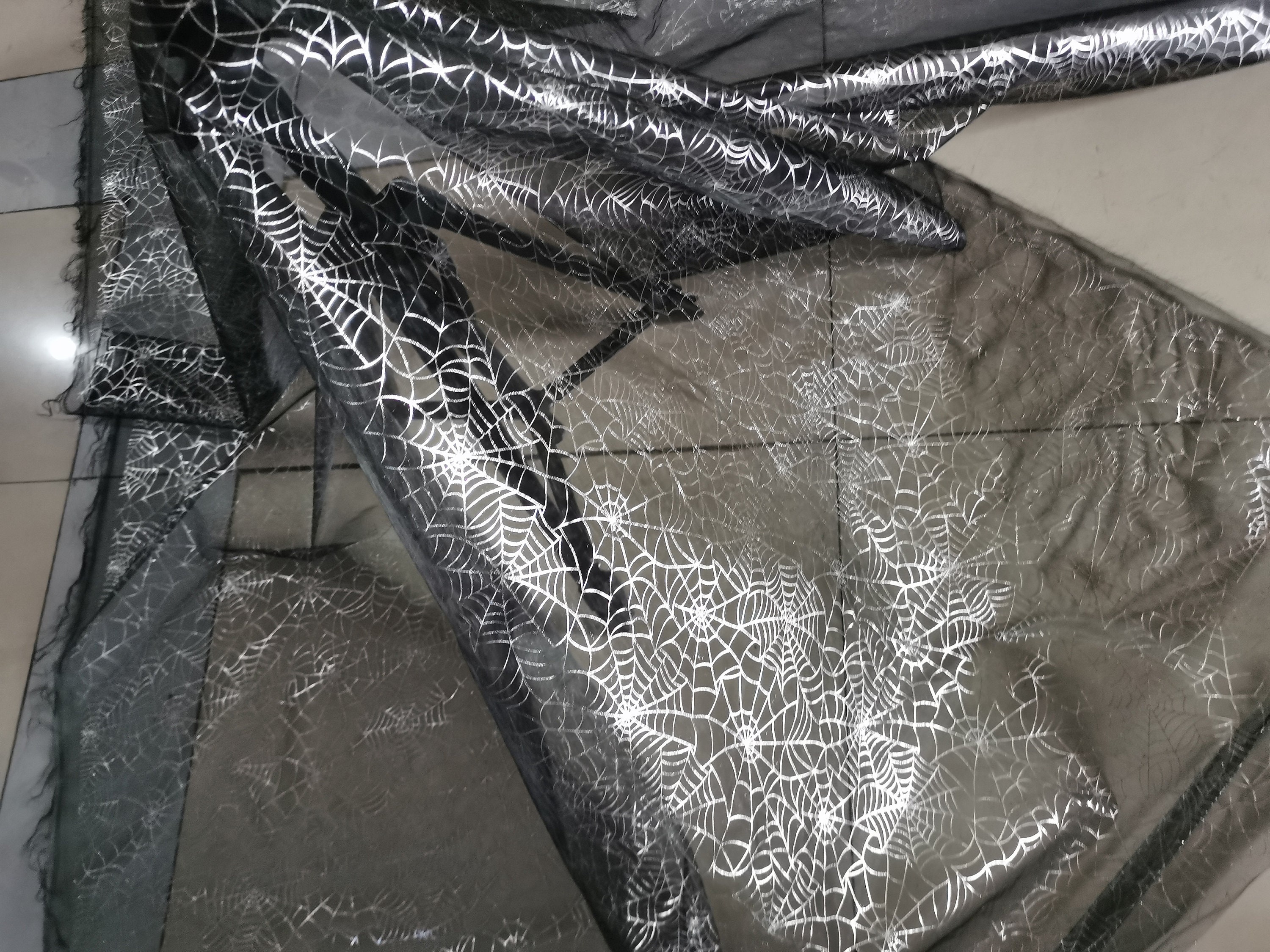 Silver Spider Web Foiled on Black Mesh Halloween Fabric Cobweb by the ...