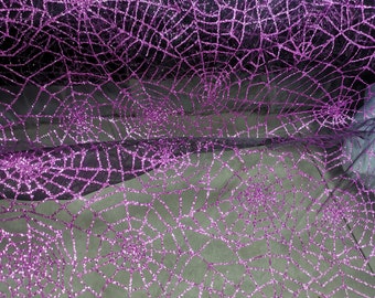 Glitterie Purple Spider Webs on Black Organza Halloween Fabric spider web fabric by the yard