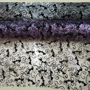 Black Bat Flocking on Organza Fabric - Halloween Flying Bats