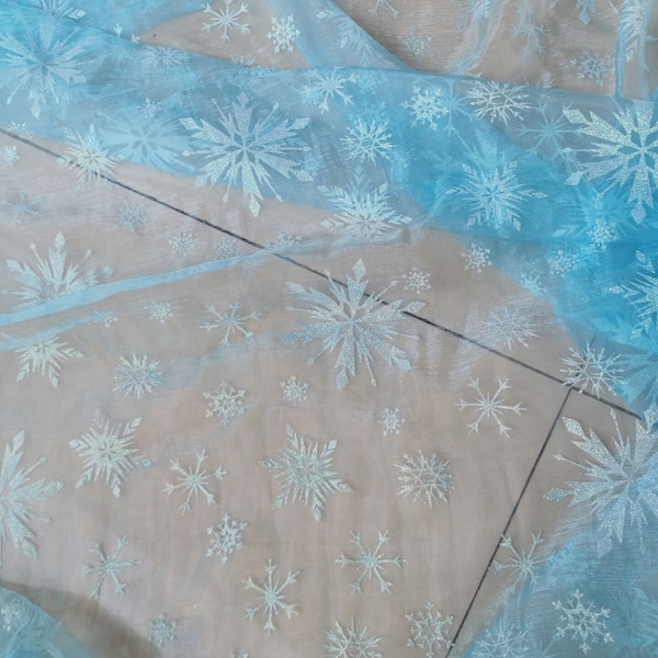 Blue tulle with glitter snowflakes prints for Frozen 2 Fabric Queen Elsa Inspired