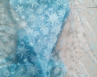 Blue tulle with glitter snowflakes prints for Frozen 2 Fabric Queen Elsa Inspired
