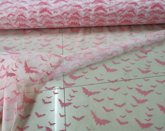 Nylon Soft Tull mesh with bats pink/ black bat fabric for Halloween flying bats mesh fabric by the yard