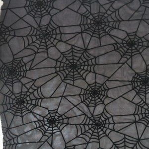 Puede incluir: Tela con patrón de telaraña negra. La tela es transparente y tiene un diseño de telaraña negra sobre un fondo gris.