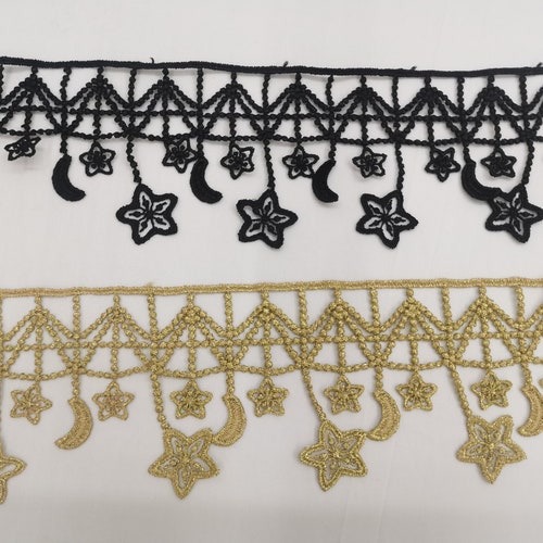 Bordure en dentelle d'Halloween : tour de cou étoile et lune brodées noires (7 cm de large)