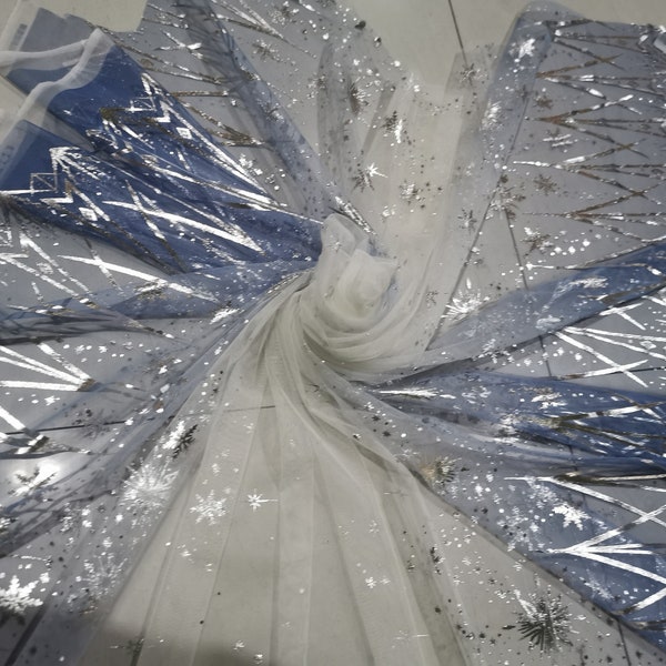 Snowflake Fabric Blue tulle with glitter snowflakes prints for frozen 2 dress Snowflakes Fabric  Frozen Fabric by the yard
